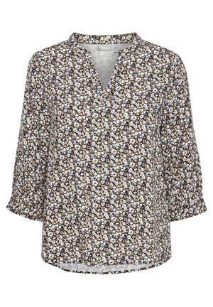 Mönstrad blus i mörkblått med beige och vita blommor, har en V-hals och trekvartsärmar, tillverkad i ett mjukt material med en avslappnad passform.