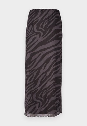 Maxi skirt made of lightweight fabric, featuring a black and gray zebra pattern, elastic waistband, and scalloped hemline.