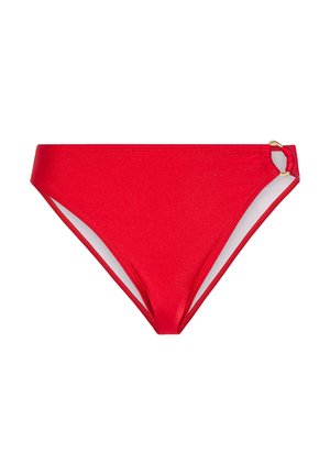 Rote Bikinislip mit glatter Textur, hoher Schnitt und einem goldfarbenen Hardware-Akzent an der Seite. Für den Einsatz als Badebekleidung konzipiert.