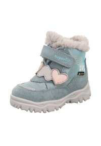 Hellblauer Wildleder-Ankle-Boot mit synthetischem Pelzbesatz, Klettverschluss, herzförmigen Akzenten und strukturiertem Gummiaußensohle für besseren Halt.