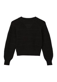 Zwarte gebreide trui met geribbelde manchetten en zoom, textuurpatronen en een cropped ontwerp met een ronde hals en gezakte schoudernaad.