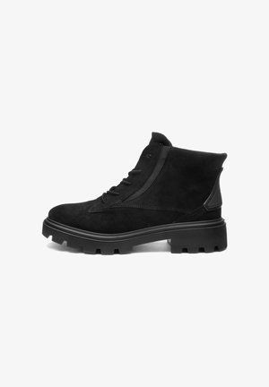 Black suede ankle boot with side zipper, lace-up front, and chunky lug sole for rugged outdoor wear.