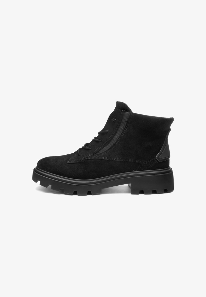 Black suede ankle boot with side zipper, lace-up front, and chunky lug sole for rugged outdoor wear.
