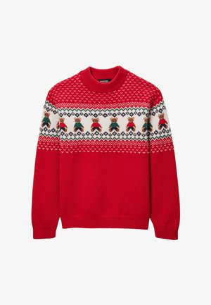 Pull en tricot rouge avec un motif Fair Isle blanc et des ours portant des pulls verts et rouges. Col rond et poignets ainsi que ourlet côtelés.