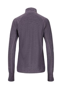 Långärmad topp med hög krage i dämpad lila, med textilstruktur, platta sömmar och hål för tumme för extra komfort.