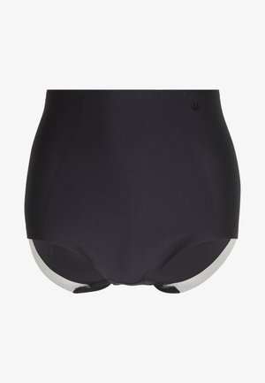 Costume da bagno nero con una texture liscia, design a vita alta e dettagli bianchi a contrasto lungo le gambe e sul retro.