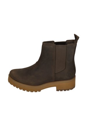 Brown leather ankle boot with elastic side panels and a light brown lug sole, featuring a pull tab at the back and embossed logo near the heel.
