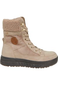 Bottines hautes beiges avec un col doux et pelucheux, en matière suédée, œillets dorés et semelle en caoutchouc texturé avec un motif de semelle.