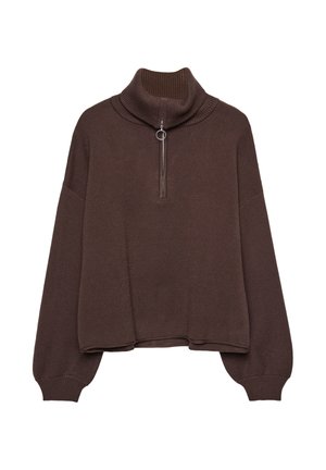 Maglione marrone a pullover con colletto alto a coste, chiusura con zip, vestibilità ampia e spalle scese. Realizzato in morbido materiale a maglia.