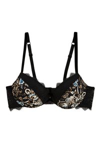 Soutien-gorge noir à motif floral avec des bordures en dentelle, des bretelles réglables et une conception structurée, ornée de fleurs bleues et beiges sur un fond sombre.