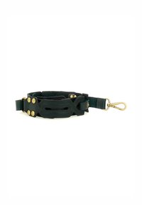 Guinzaglio per cani in pelle nera con accessori dorati, dotato di impugnatura imbottita, finiture metalliche decorative e un robusto moschettone per il fissaggio.