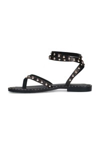 Zwarte platte sandalen met meerdere banden, voorzien van roségouden studs en een gladdemateriaal. Open teen ontwerp, minimalistische stijl.