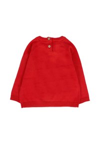 Maglione rosso lavorato a maglia con maniche lunghe, collo tondo e bottoni in legno sul retro. Tessuto liscio con polsini e orlo a coste.