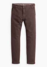 Pantalon chino marron, coupe droite, en tissu mélange de coton, avec poches avant, fermeture par bouton et passants pour ceinture.
