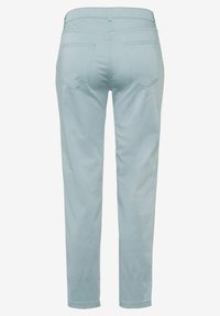 Lichtblauwe denim broek met een rechte pijpdesign, voorzien van twee achterzakken en een gladde textuur. Geen zichtbare hardware of patronen.