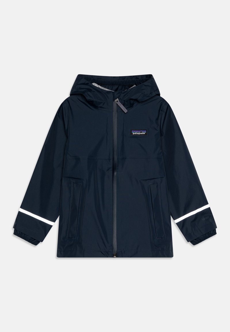 Navy blue waterproof jacket with a hood, front zipper, two side pockets, and reflective accents on the sleeves. Smooth texture.