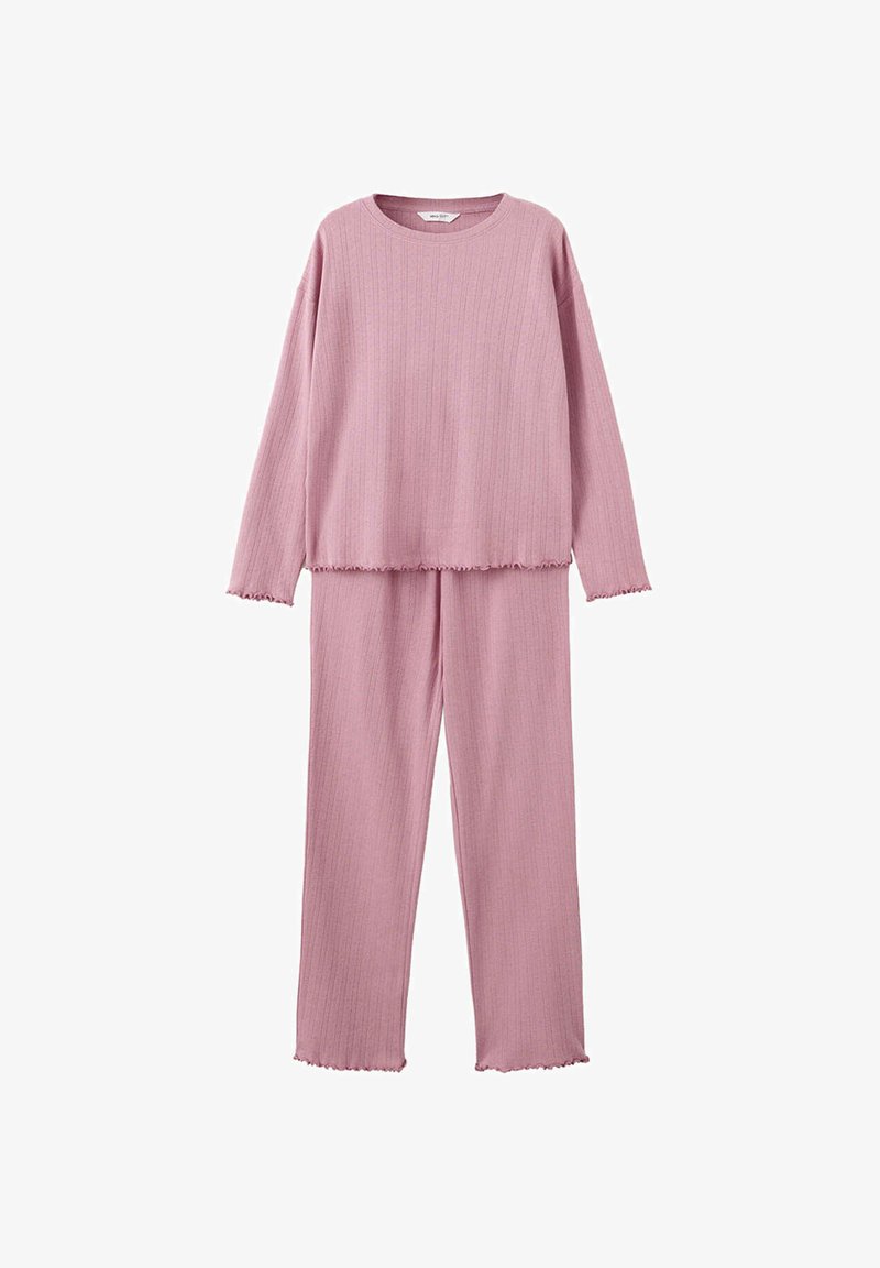 Ensemble haut à manches longues en maille côtelée rose doux et pantalon large assorti avec des ourlets en bordure laitue, présenté sur fond blanc.