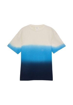 T-shirt en maille à manches courtes avec un dégradé de couleurs allant du beige en haut au bleu clair au centre et bleu marine foncé en bas.