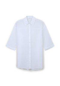 Camicia bianca con maniche corte, realizzata in tessuto leggero. Presenta un colletto classico e un orlo dritto. Design semplice.