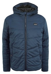 Navy blue padded jacket with a zip front, hood, side pockets, and a textured design. Features a small logo on the chest. Soft material.