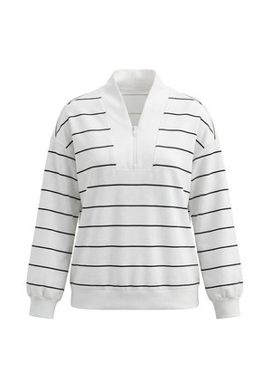 Pull blanc à manches longues avec des rayures horizontales noires et un col zippé en V profond, poignets et ourlet côtelés.