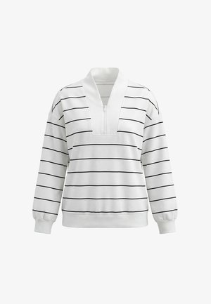 Pull blanc à manches longues avec des rayures horizontales noires et un col zippé en V profond, poignets et ourlet côtelés.