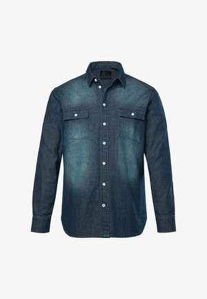Denimhemd, dunkelblau, lange Ärmel, Button-Down-Kragen, zwei Brusttaschen, silberne Knöpfe, ausgewaschene Textur, gerader Saum.