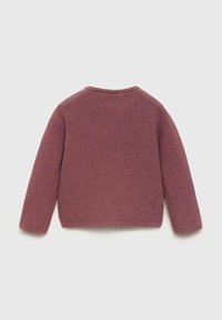 Maglione lavorato a maglia di colore malva, con maniche lunghe, scollatura arrotondata e tessuto texturizzato. La vista posteriore mostra un design semplice e pulito senza adornamenti.