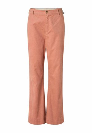 Light pink linen trousers with a straight leg design, a front button closure, and side pockets. Smooth texture, classic fit, and minimal detailing.
