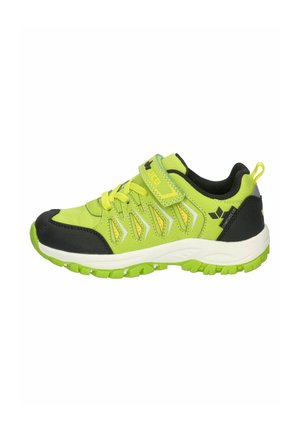 Bright green and black children's sneaker with yellow accents, laces, a Velcro strap, cushioned collar, and rugged sole for outdoor activities.