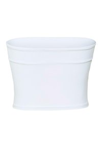 Top din material elastic alb, cu un design fără cusături, având o bandă largă atât în partea de sus, cât și în cea de jos pentru o fixare confortabilă. Textură netedă.