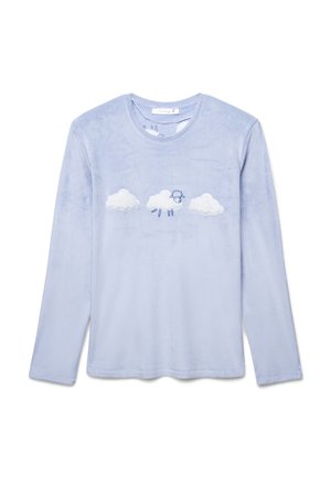 Camicia a maniche lunghe di colore azzurro chiaro, realizzata in tessuto morbido, con nuvole ricamate e una pecora al centro. Collo rotondo e vestibilità regolare.