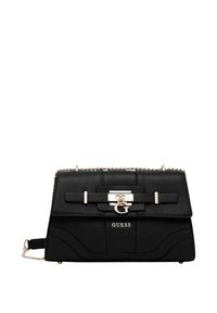 Borsa a mano in pelle nera con design strutturato, dotata di ferrature dorate, chiusura a scatto e tracolla a catena, con il logo "GUESS" impresso a rilievo.