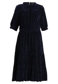 Abito blu navy a maniche lunghe con corpetto smockato, gonna a strati e motivo testurizzato. Presenta una scollatura rotonda e vita elastica.