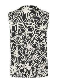 Top senza maniche con un motivo floreale in bianco e nero, realizzato in un materiale leggero con una texture liscia e scollo arrotondato.