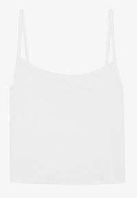 Bílý žebrovaný crop top s tenkými špagetovými ramínky a kulatým výstřihem. Hladká textura, minimalistický design a žádné viditelné vzory nebo ozdoby.