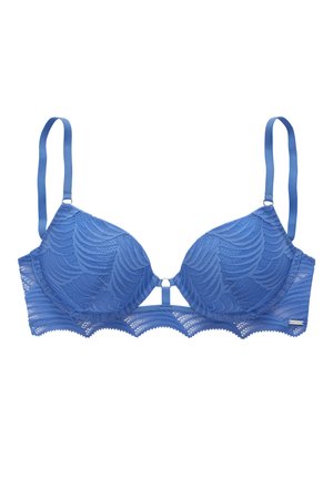 Blaue Spitzen-BH mit vorgeformten Cups, gewelltem Rand und dekorativem Wellenmuster. Verfügt über verstellbare Träger und eine zentrale Hardware-Akzentuierung.