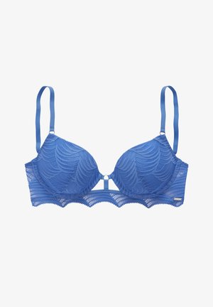 Blaue Spitzen-BH mit vorgeformten Cups, gewelltem Rand und dekorativem Wellenmuster. Verfügt über verstellbare Träger und eine zentrale Hardware-Akzentuierung.