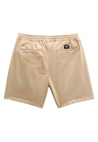 Shorts beiges avec une taille élastique, deux poches arrière, coutures plates et une petite étiquette à l'arrière. Tissu lisse et léger.