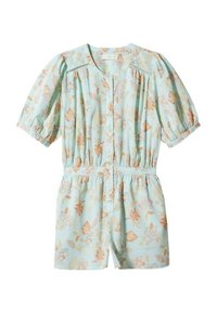 Jasnoniebieski kombinezon w kwiaty z krótkimi bufkami, zapięciem na guziki, elastyczną talią oraz wzorem różowych i złotych kwiatów i liści.