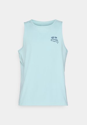 Light blue sleeveless athletic top with small dark blue printed design near left shoulder reading "Karma" with abstract shapes.