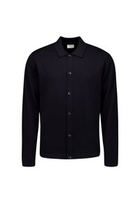 Zwarte knopen-up cardigan van zachte stof, met een kraag, lange mouwen en een rechte zoom met zes knopen aan de voorkant.