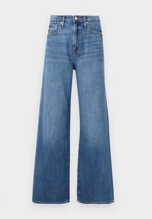 Mėlynos aukšto liemens plačios kojų džinsai su mygtuko ir užtrauktuko uždarymu, priekiniais kišenėmis ir nežymiu blukimu ant audinio.