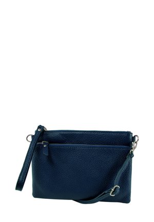 Marineblaue Leder-Clutch mit strukturierter Oberfläche, zwei Reißverschlussfächern und abnehmbarem Riemen für Hand- oder Schultertrageweise.