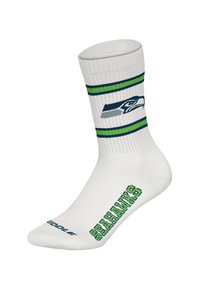 Biała skarpetka z granatowo-zielonymi paskami, z logo Seattle Seahawks i napisem "SEAHAWKS" w czcionce blokowej po boku.