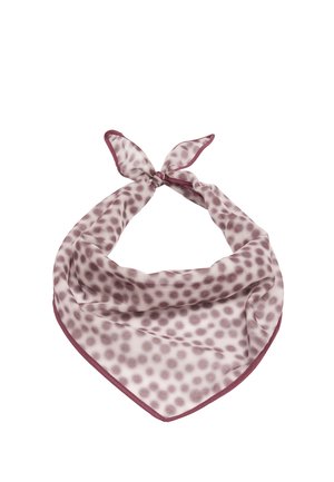 Kwadratowa jedwabna apaszka w kolorze szarofioletowym z kropkami w tym samym kolorze i ciemniejszą obwódką, luźno zawiązana u góry.