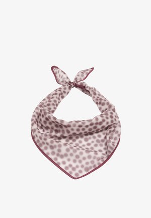 Kwadratowa jedwabna apaszka w kolorze szarofioletowym z kropkami w tym samym kolorze i ciemniejszą obwódką, luźno zawiązana u góry.