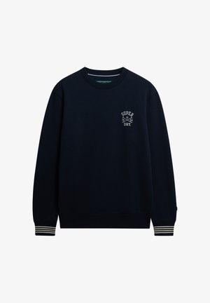 Marineblå sweatshirt lavet af bomuld med ribstrikkede manchetter og kant. Har et lille hvidt logo på brystet med teksten "SUPER DRY 1954."