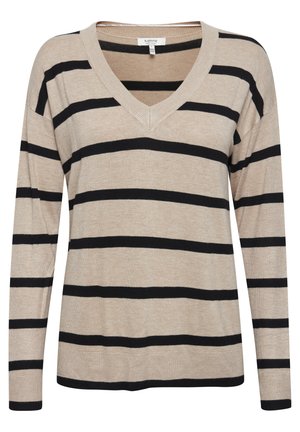 Pull à col en V, à manches longues, de couleur beige avec des rayures noires horizontales. Matière en tricot douce avec des accents côtelés aux poignets et à l'ourlet.