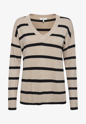 Pull à col en V, à manches longues, de couleur beige avec des rayures noires horizontales. Matière en tricot douce avec des accents côtelés aux poignets et à l'ourlet.